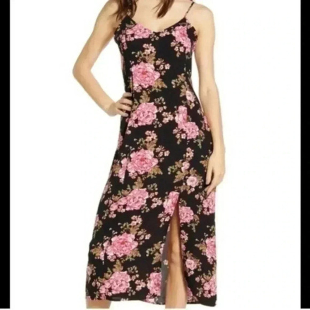 BP Womens Pink Floral Rose Print Midi Slit Cocktail Dress Wedding Guest Size M